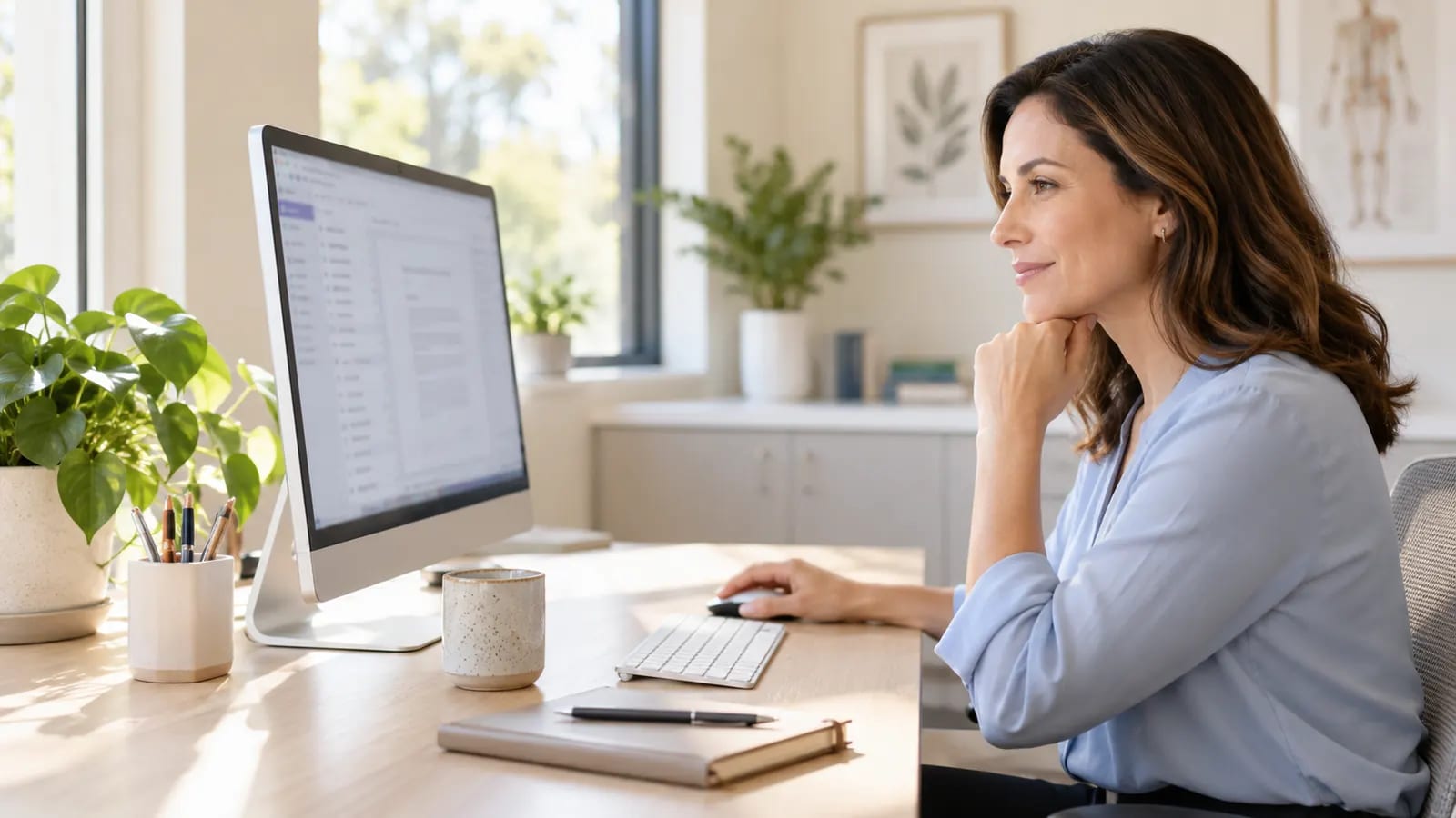 Healthcare practice professional reviewing digital correspondence in a bright clinic office
