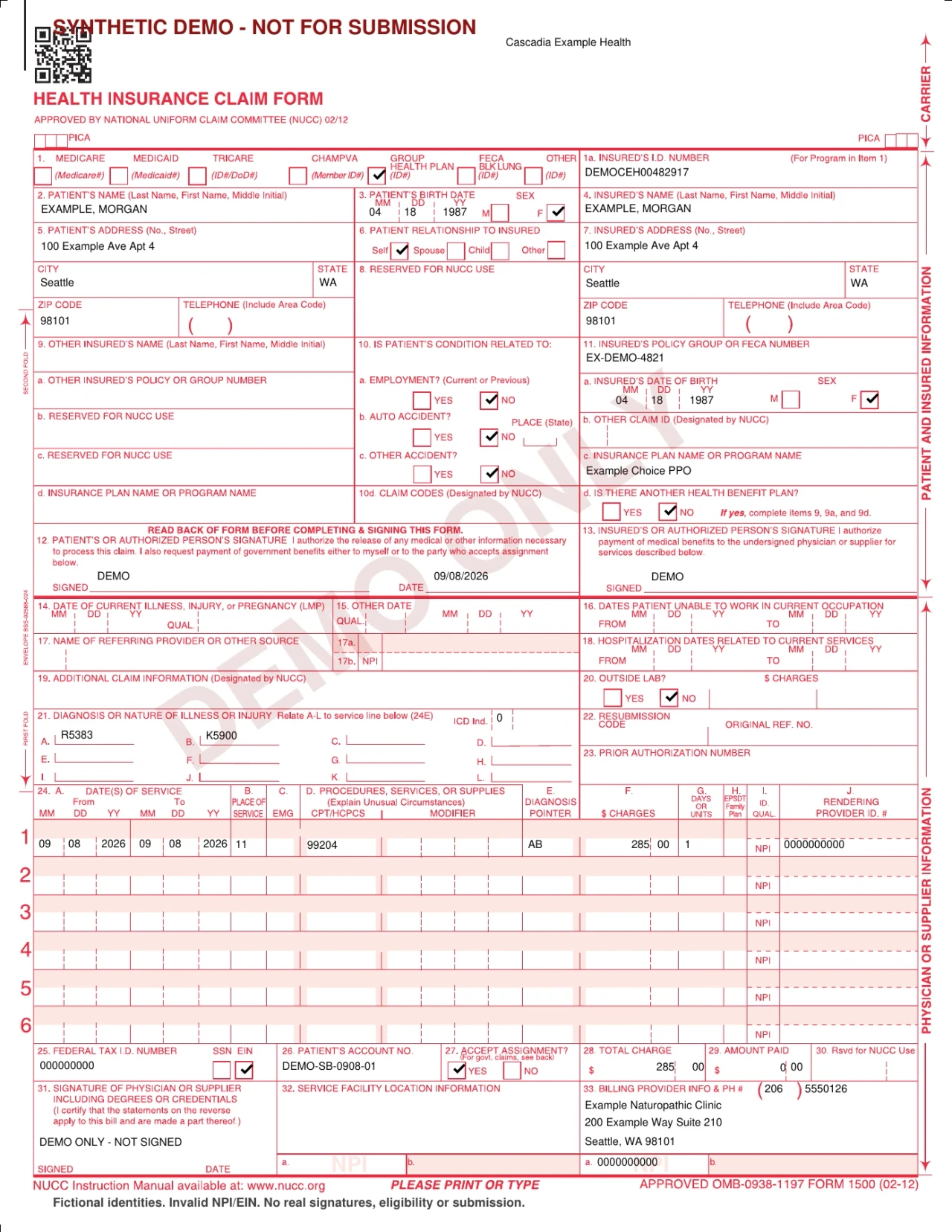 Watermarked illustrative CMS-1500 form generated with Oli's renderer and editorial adjustments, not for submission