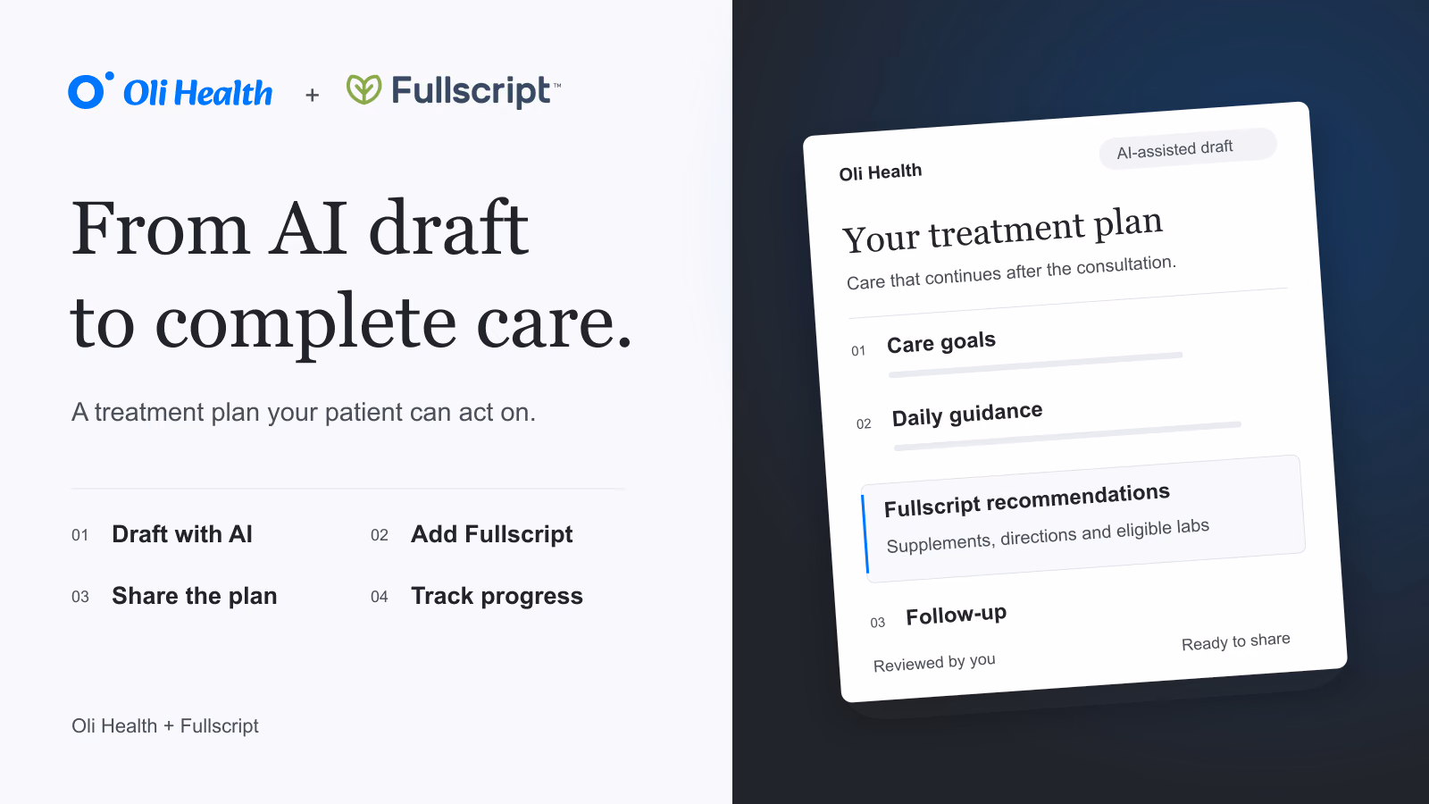 AI treatment plan with Fullscript recommendations, patient sharing and follow-up in Oli Health