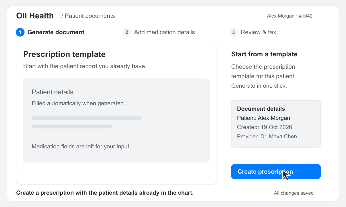 Prescription workflow with patient details prefilled, Cetirizine selected from medication suggestions, details populated automatically, then review and fax to Lakeside Pharmacy