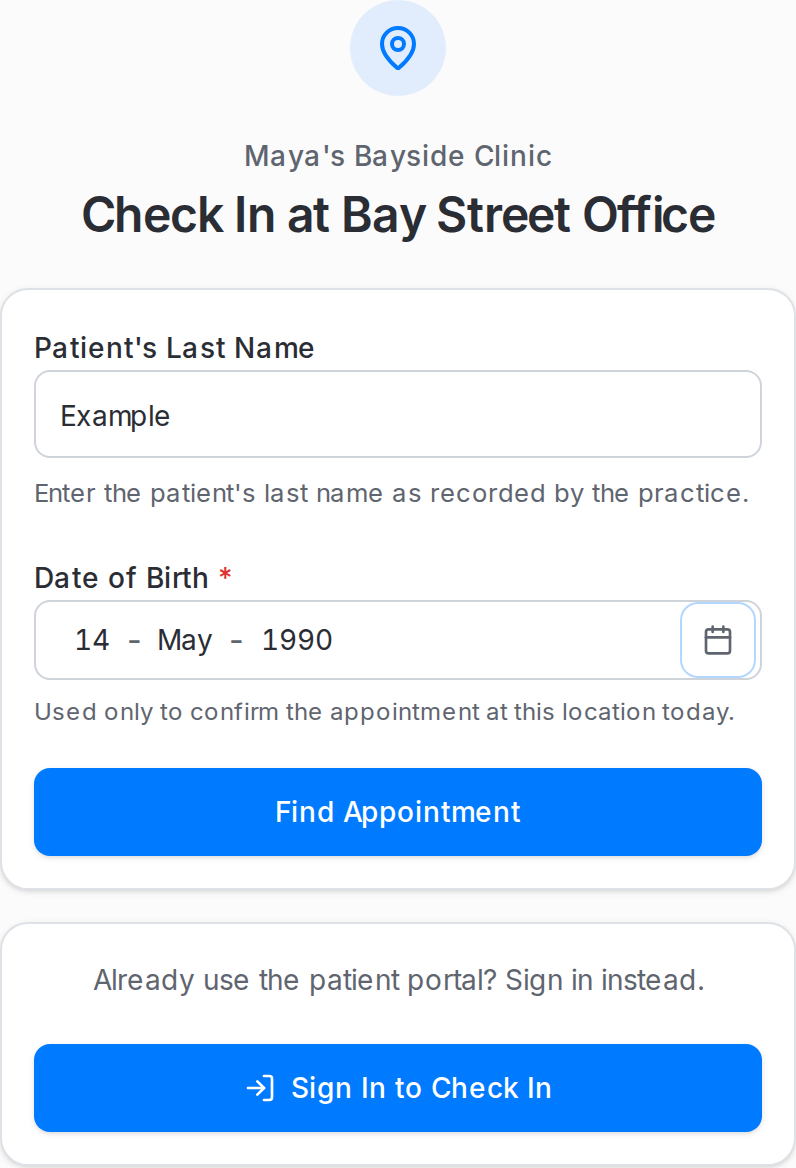 Maya's Bayside Clinic mobile check-in page for Bay Street Office, with the example last name Example, date of birth 14 May 1990, Find Appointment button, and Sign In to Check In alternative
