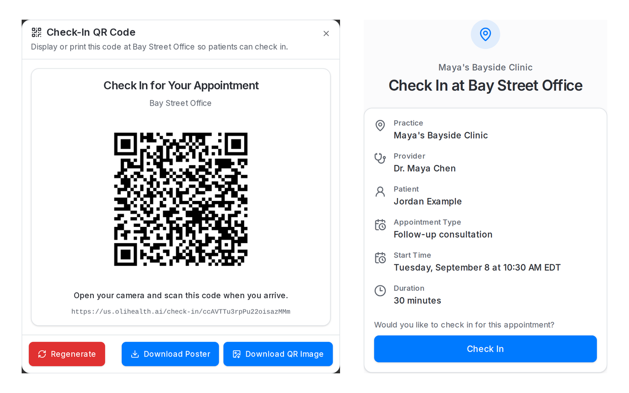 Two actual Oli screens for Maya's Bayside Clinic: the Bay Street Office QR code dialog displaying us.olihealth.ai and a client's appointment details with the Check In button