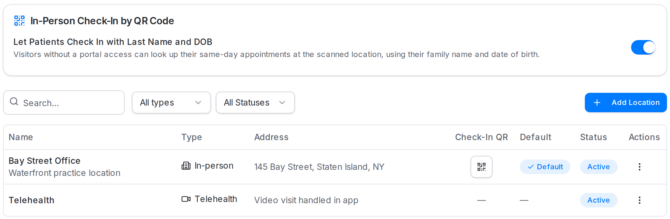 Oli Locations settings for Maya's Bayside Clinic showing the guest check-in switch and a Check-In QR action for Bay Street Office, with no QR action for Telehealth