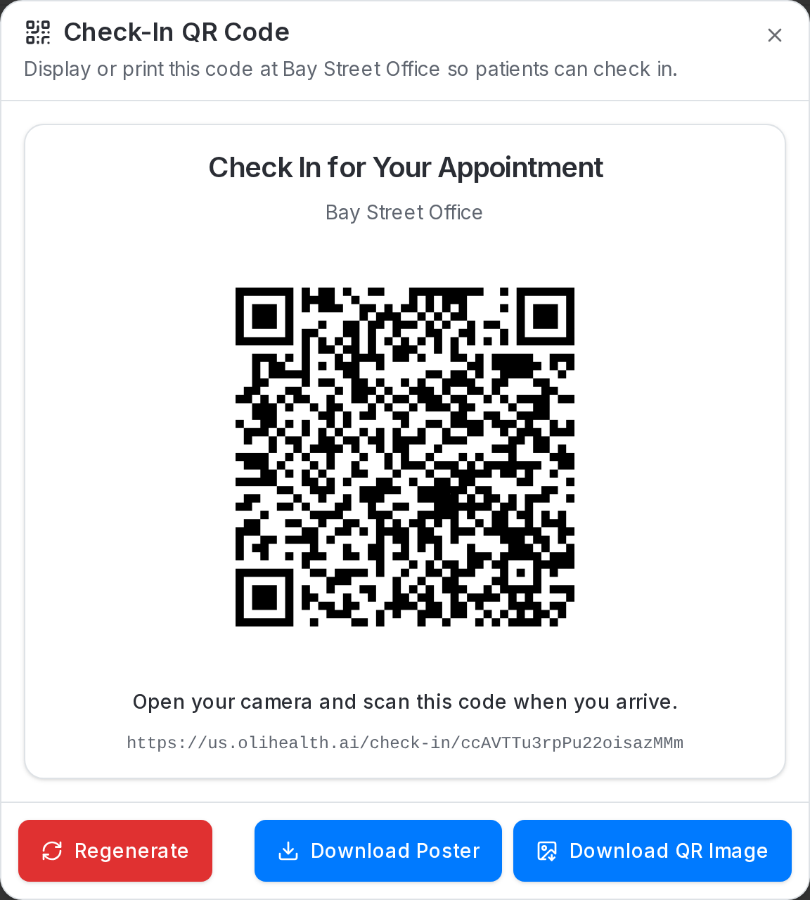 The Bay Street Office Check-In QR Code dialog displaying a us.olihealth.ai link, with Regenerate, Download Poster, and Download QR Image controls